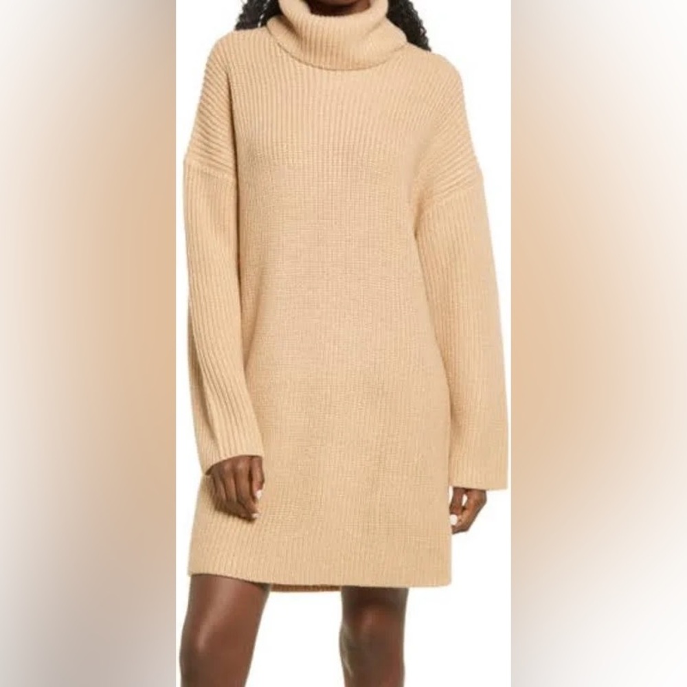 WAYF Culver Turtleneck Long Sleeve Sweater Dress In Camel NWOT